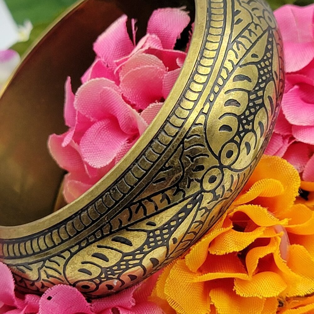 Vintage Embossed Brass Bangle Bracelet 7.5" Chunky Ethnic